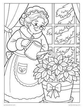 Printable Christmas coloring page for kids 8 to 12: mrs. claus watering a poinsettia.