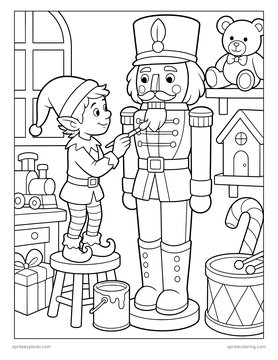Printable Christmas coloring page for kids 8 to 12: elf painting a nutcracker.
