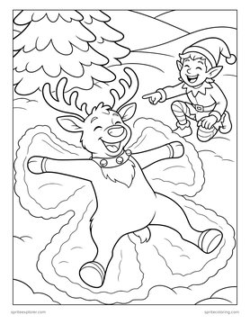 Printable Christmas coloring page for kids 8 to 12: reindeer making a snow angel.