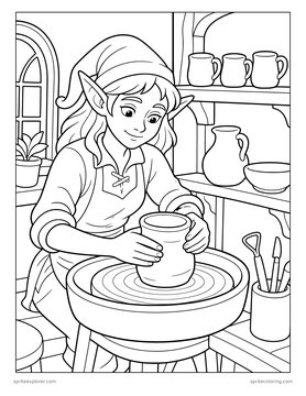 Printable Christmas coloring page for kids 8 to 12: elf at the pottery wheel.