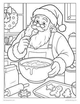 Printable Christmas coloring page for kids 8 to 12: santa tasting the icing.