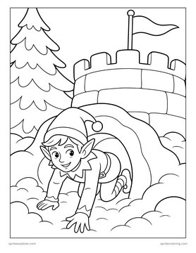 Printable Christmas coloring page for kids 8 to 12: elf crawling through a snow tunnel.