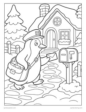 Printable Christmas coloring page for kids 8 to 12: penguin mail carrier.