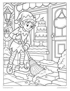 Printable Christmas coloring page for kids 8 to 12: elf sweeping the bakery step.