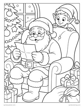 Printable Christmas coloring page for kids 8 to 12: santa reading a letter.