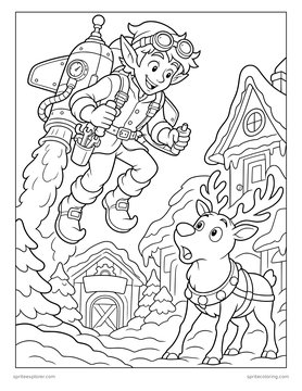 Printable Christmas coloring page for kids 8 to 12: elf with a jetpack.