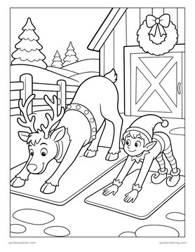 Printable Christmas coloring page for kids 8 to 12: reindeer and elf doing yoga.