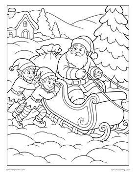 Printable Christmas coloring page for kids 8 to 12: elves pushing santa's sleigh.