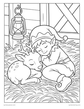 Printable Christmas coloring page for kids 8 to 12: elf napping with a baby reindeer.