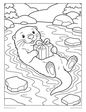 Printable Christmas coloring page for kids 8 to 12: otter with a present.