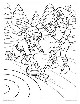 Printable Christmas coloring page for kids 8 to 12: elves curling.