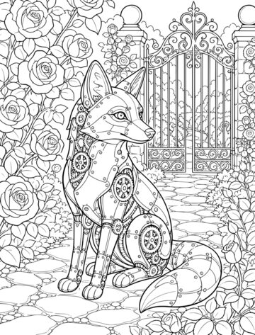 Printable adult coloring page: clockwork fox in a garden.
