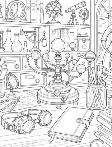 Printable adult coloring page: inventor’s desk with an orrery.