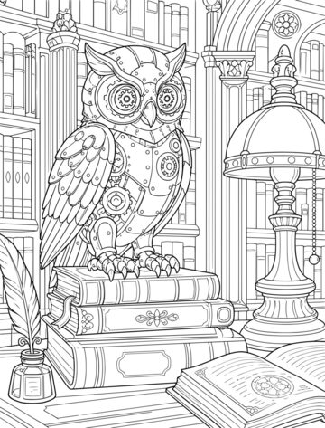 Printable adult coloring page: clockwork owl on library books.