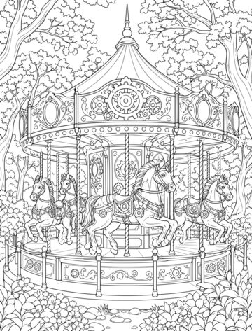 Printable adult coloring page: carousel with brass horses.