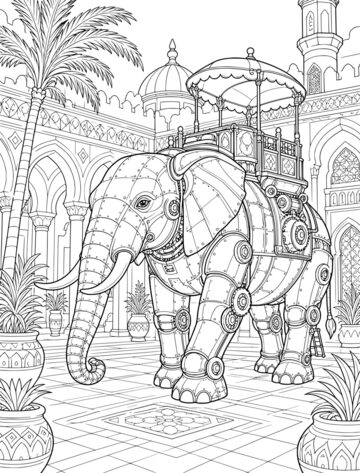 Printable adult coloring page: mechanical elephant in a courtyard.
