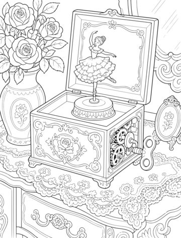 Printable adult coloring page: music box with a dancing automaton.