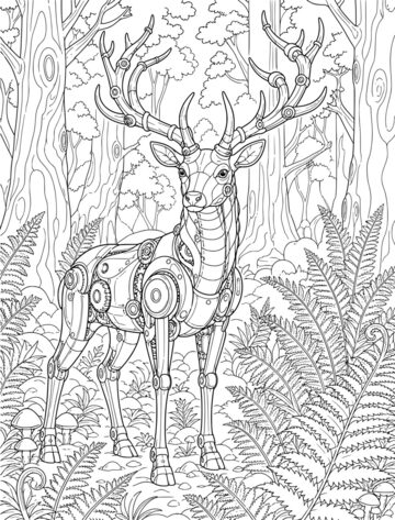Printable adult coloring page: mechanical stag in a clearing.