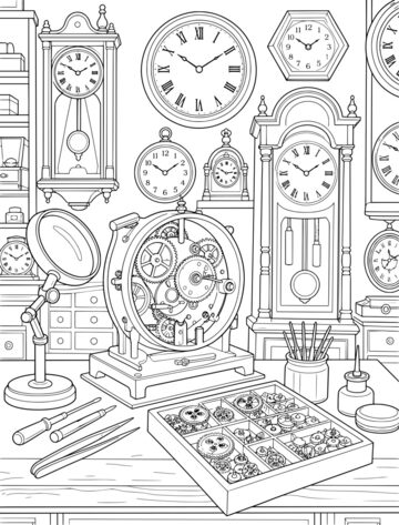 Printable adult coloring page: clockmaker’s shop counter.