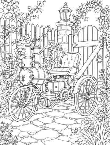 Printable adult coloring page: brass tricycle by a garden gate.
