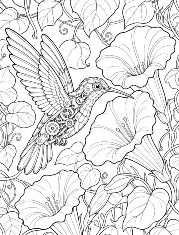 Printable adult coloring page: clockwork hummingbird at flowers.