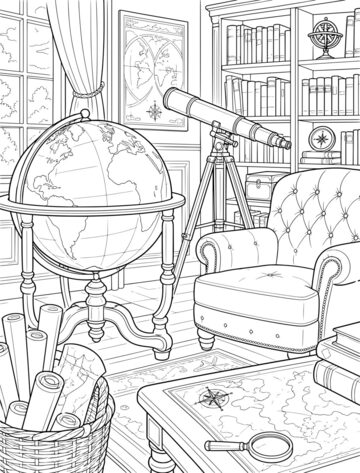 Printable adult coloring page: map room with a globe.
