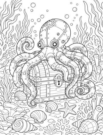 Printable adult coloring page: brass octopus with a treasure chest.