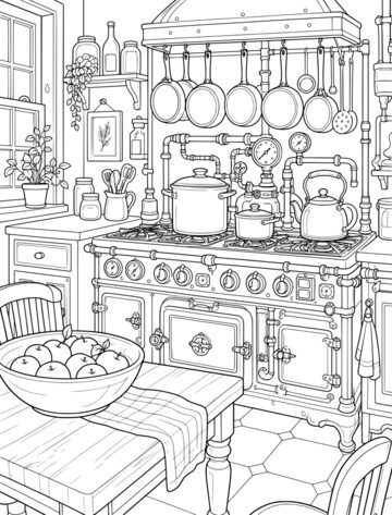 Printable adult coloring page: steampunk kitchen stove.