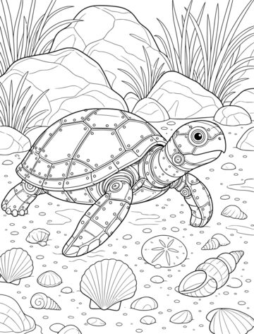 Printable adult coloring page: mechanical turtle on a beach.