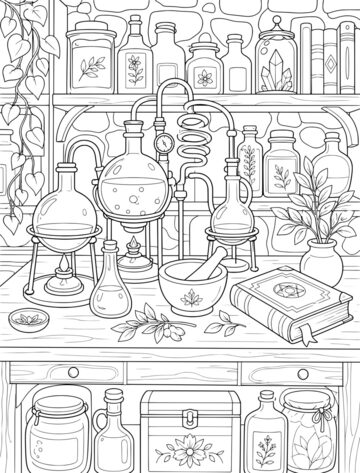 Printable adult coloring page: alchemist’s lab bench.