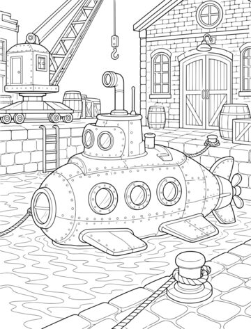 Printable adult coloring page: submarine at a stone quay.