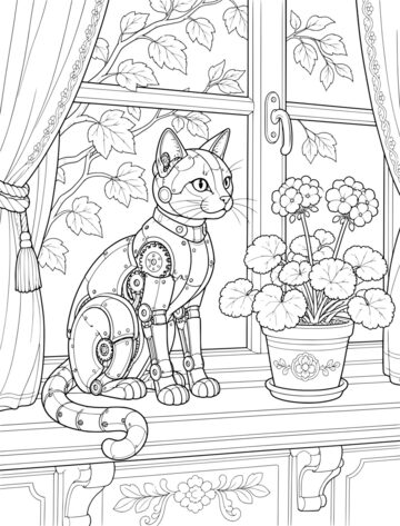 Printable adult coloring page: mechanical cat on a windowsill.