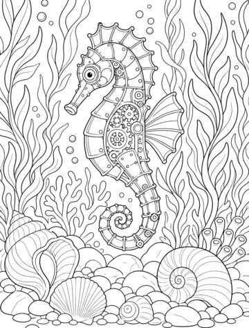 Printable adult coloring page: clockwork seahorse among shells.