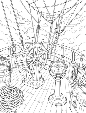 Printable adult coloring page: airship deck with a ship’s wheel.
