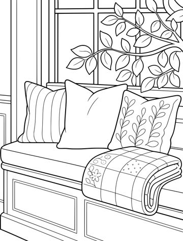 Printable adult coloring page: window seat with pillows.