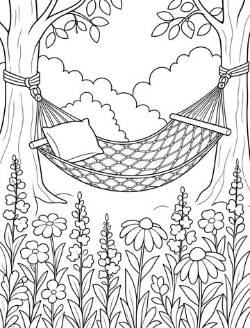 Printable adult coloring page: hammock between two trees.