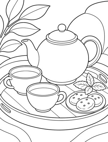 Printable adult coloring page: teapot and cups on a tray.