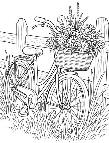 Printable adult coloring page: bicycle with a flower basket.
