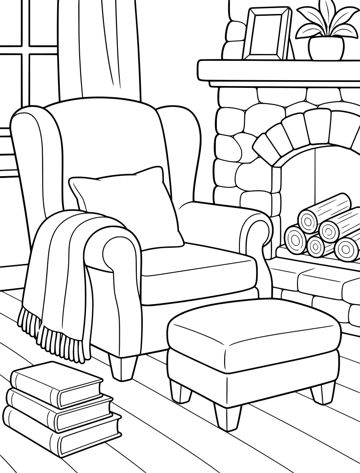 Printable adult coloring page: armchair by a stone fireplace.