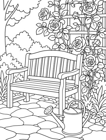 Printable adult coloring page: garden bench and roses.