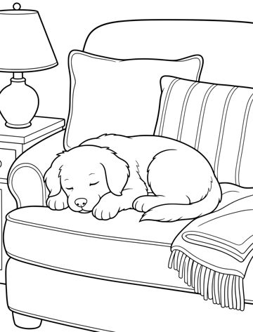 Printable adult coloring page: puppy asleep on the couch.