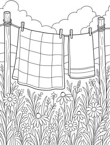 Printable adult coloring page: quilt on the clothesline.