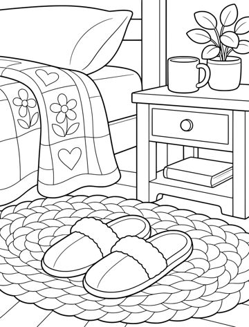 Printable adult coloring page: slippers by the bed.
