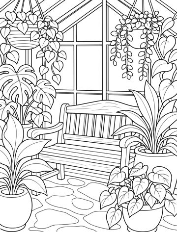 Printable adult coloring page: bench in a greenhouse.