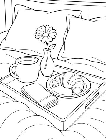Printable adult coloring page: breakfast tray in bed.
