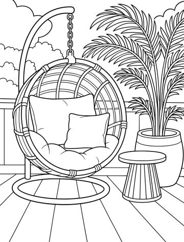 Printable adult coloring page: hanging chair on the patio.