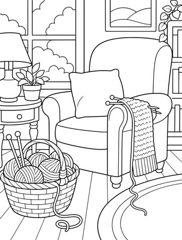 Printable adult coloring page: knitting basket by a chair.