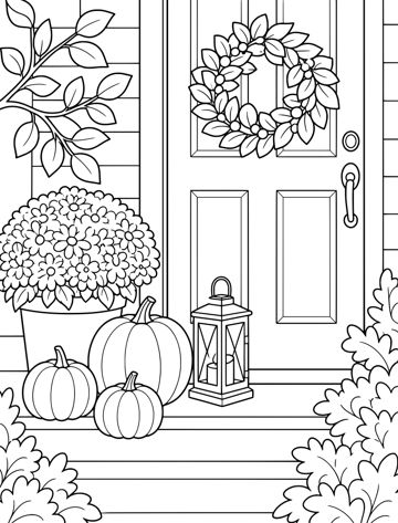 Printable adult coloring page: pumpkins on the porch steps.