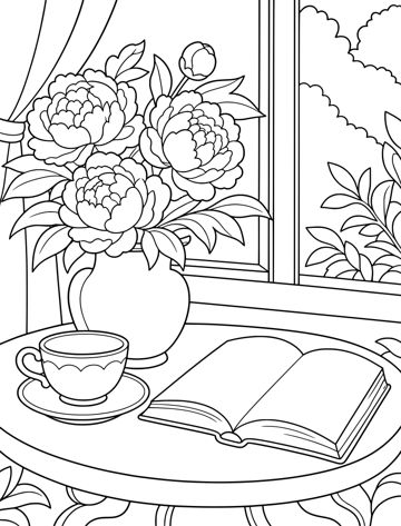 Printable adult coloring page: teacup and peonies.
