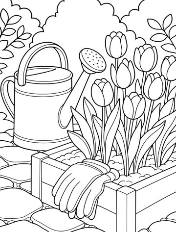 Printable adult coloring page: watering can and tulips.